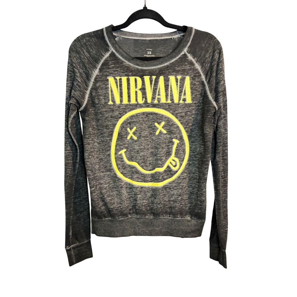 Nirvana Graphic Sweatshirt XS Dark Gray Yellow Smiley Face Logo Burnout Grunge